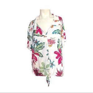 Japna Hawaiian Blouse Tie Waist White Pink Tropical Floral Short Sleeve Women S